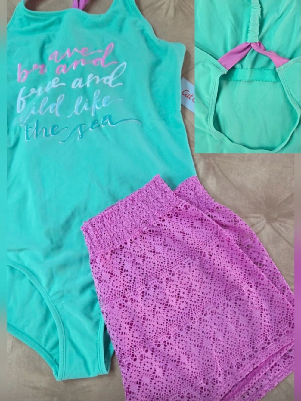 Cat & Jack One Piece Swimsuit & Shorts Set Turquoise Girls XLP UPF 50+